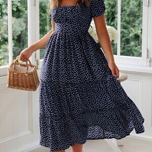 Women's Spring Summer Casual Cute Boho Floral Print Long Midi Dress- Navy Blue